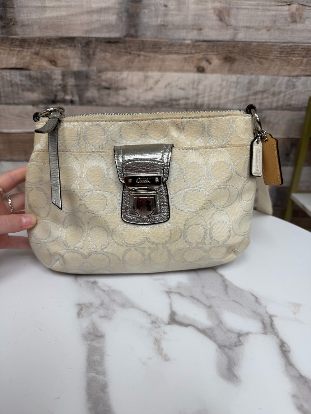 Coach Ivory Silver Stitching Signature Canvas Crossbody